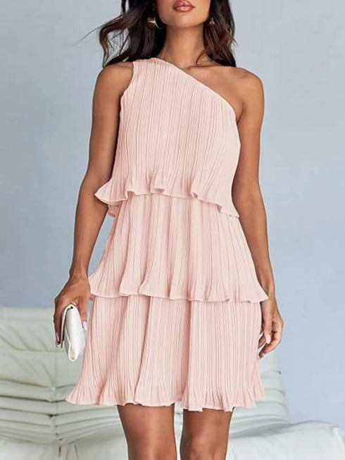 'Hesper' Layered Single Shoulder Mini Dress - Celes Fashion